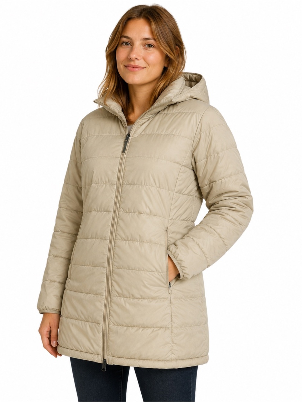 Amazon Essentials Women’s Long Hooded Puffer Coat Beige Size Large Lightweight